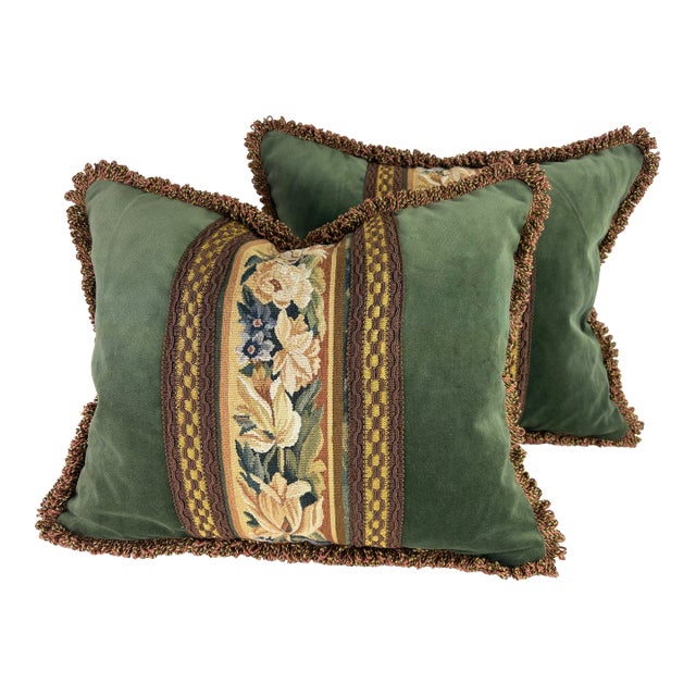 Vintage Handmade Botanical Aubusson Tapestry Pillows/Pair For Sale