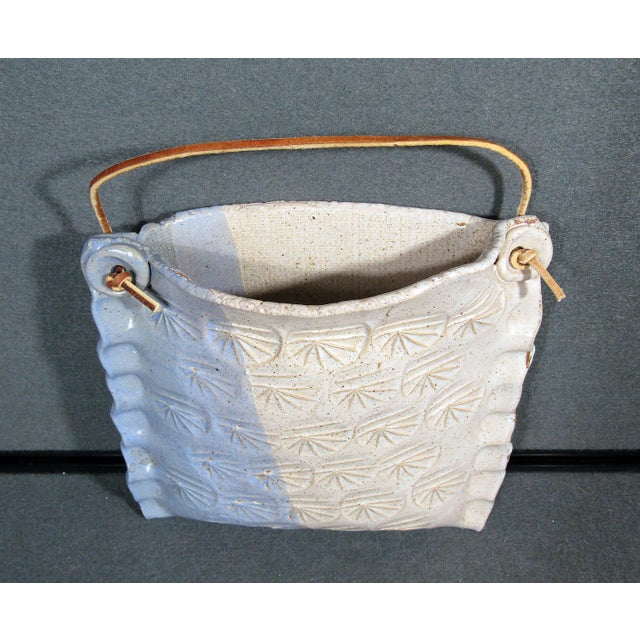Contemporary 1990s Signed Handmade Studio Pottery Wall Pocket With Leather Strap For Sale - Image 3 of 8