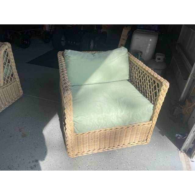 Wood Authentic Vintage McGuire San Francisco Rattan Sofa & Matching Lounge Chair – Original Brass Tags For Sale - Image 7 of 8