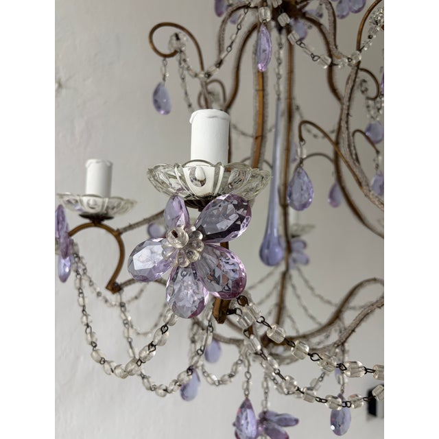 Glass French Rare Lavender Purple Crystal Prisms Murano Beaded Chandelier Lilac 1930 For Sale - Image 7 of 9