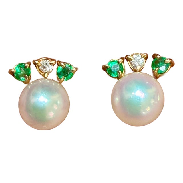 6 MM White Akoya Aaa Pearl Stud Earrings 14 K Yellow Gold + Diamond + Emerald For Sale