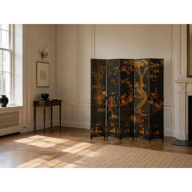 Chinese Export, Jappanned Screen or Room Divider, Black Lacquer, Wood, Gilt, Brass, China, 1960s This 20th-century five-...