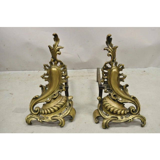 Antique French Rococo Baroque Style Brass Leafy Acanthus Andirons - A Pair For Sale - Image 11 of 11