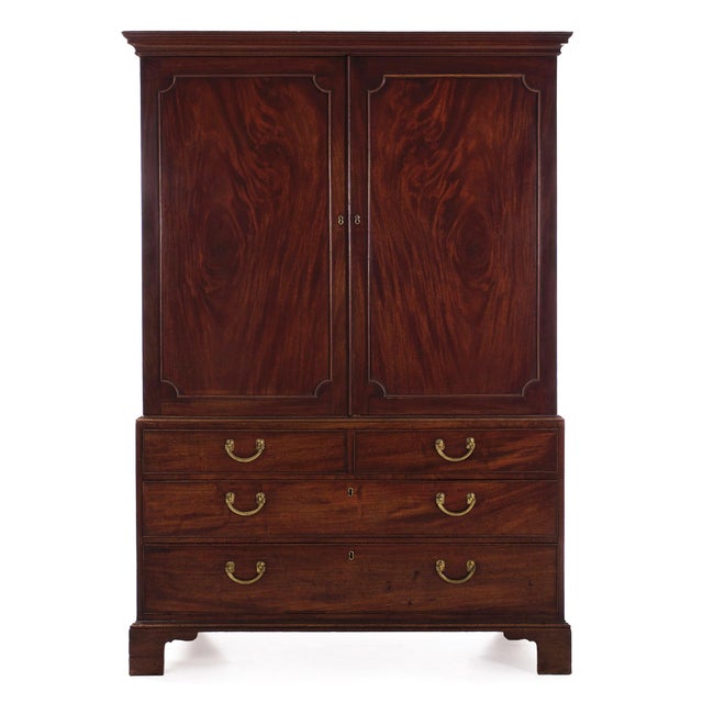 English III Mahogany Antique Linen Press Armoire Over Chest of