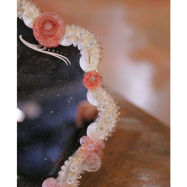 Glass Mid-Century Italian Murano Glass Vanity Mirror With Pink Flowers For Sale - Image 7 of 8