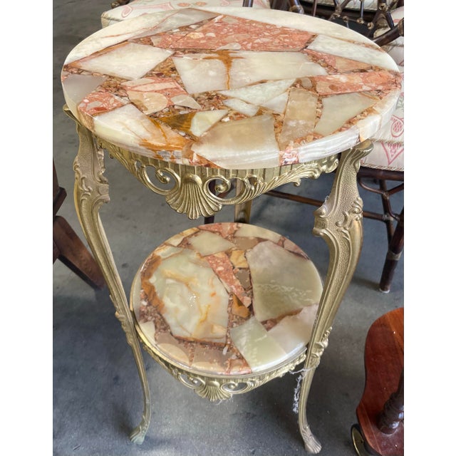 Metal Vintage Hollywood Regency Brass Two-Tier Onyx Stone Mosaic Pedestal Table For Sale - Image 7 of 7