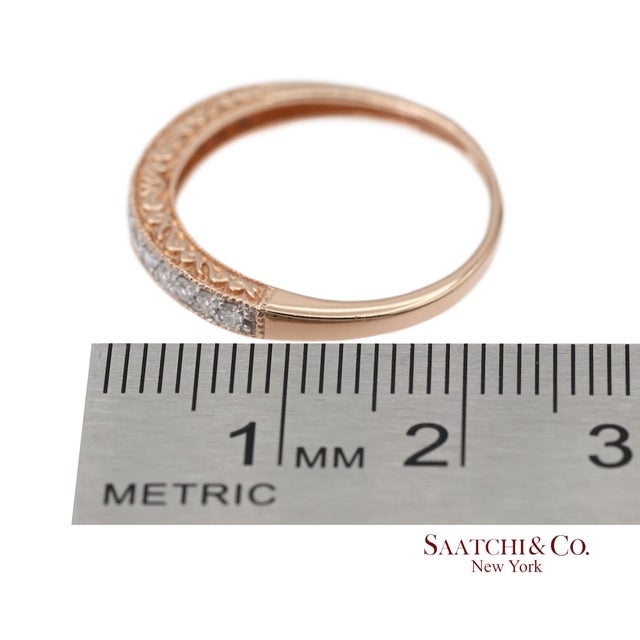 14k 585 Solid Rose Gold Engraving and Milgrain Natural Diamond Band Ring, Size 8 For Sale - Image 11 of 12
