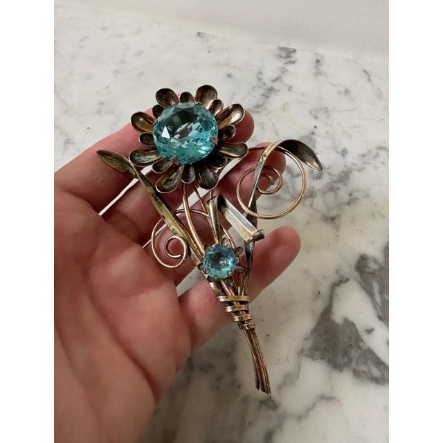 Mid-Century Modern Early 20th Century Art Deco 12k Gold Filled Brooch With Large Blue Stone - Stamped and Signed Harry Iskin For Sale - Image 3 of 7