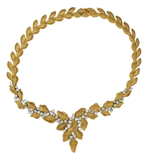 Vintage 7.3 Carat Diamond 18k Gold Textured Floral Leaf Chandelier Necklace