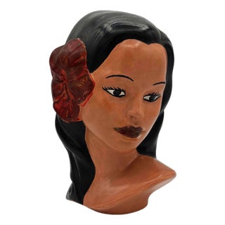 1968 California Art Pottery Hawaiian Polynesian Hula Girl Bust Statue, Signed For Sale