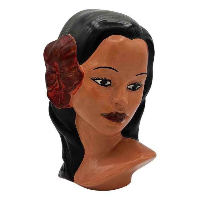 1968 California Art Pottery Hawaiian Polynesian Hula Girl Bust Statue, Signed For Sale