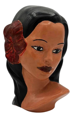 1968 California Art Pottery Hawaiian Polynesian Hula Girl Bust Statue, Signed