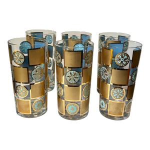 1960s Culver “Carnival” Turquoise & Gold Tumblers - Set of 6