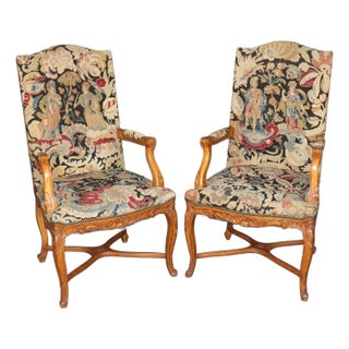 Superb Pair French Louis XV Figural Needlepoint Throne Armchairs 1900 For Sale