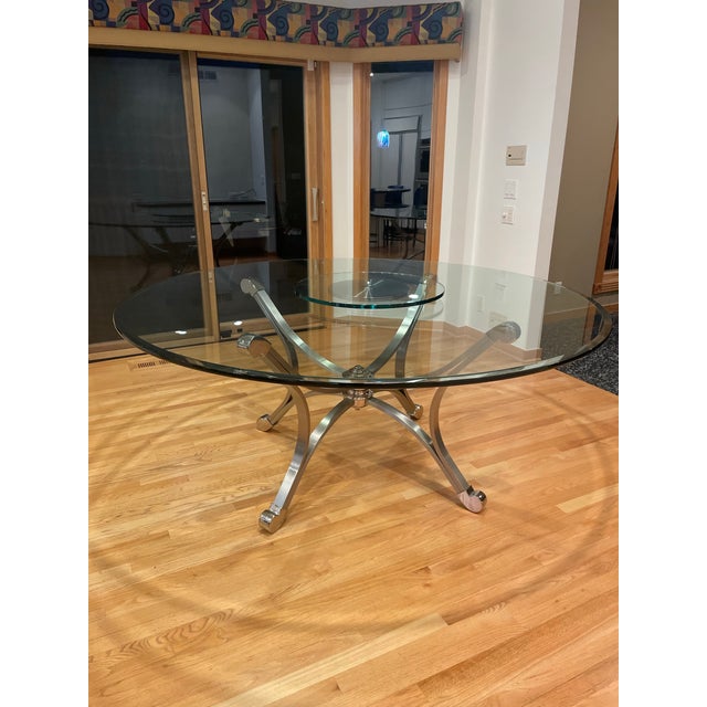 6' Diameter Dining Table Stamped Made in Italy - Stainless Steel Base With Polished Chrome Accents & Beveled Glass Top - Includes Removable Lazy Susan For Sale - Image 4 of 12