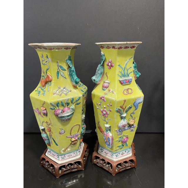 19th Century Pair of Chinese 19th Century Famille Rose High Relief Yellow Ground Porcelain Vases For Sale - Image 5 of 7