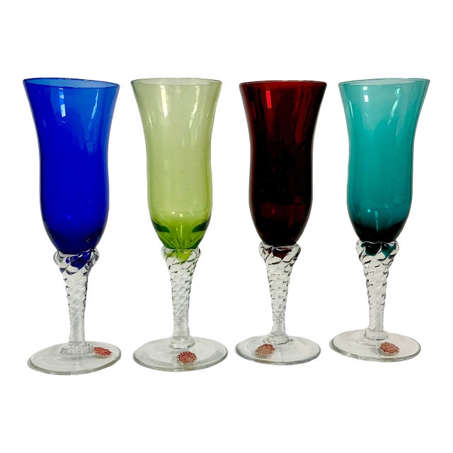 Mid 20th Century Italian Venetian Hand Blown Wine Glasses - Set of 4 For Sale