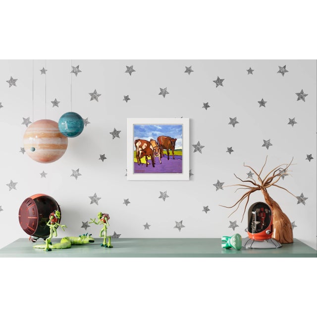 In this 12" x 12" original oil painting a palette of vibrant colors captures the charming nature of three cows united in a...