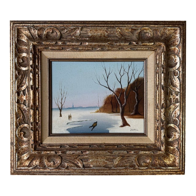 Vintage Realism Impressionist Winter Landscape Oil on Canvas Painting by Jacobi For Sale