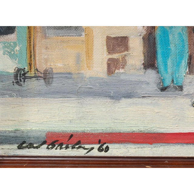 Oil on board Calvin Bailey (American, b. 1915) Used Furniture store scene with Mercedes Benz roadster in foreground signed...