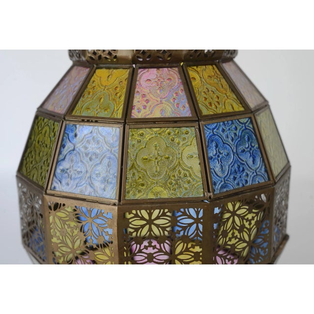 Vintage Victorian Style Stained Glass & Brass Hanging Lantern For Sale - Image 4 of 12