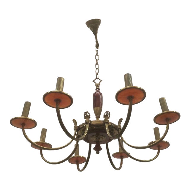 Circa 1940 French Brass and Red Lucite Chandelier For Sale