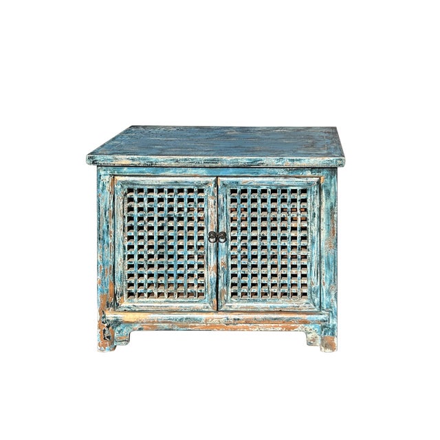 Rustic Distressed Fade Turquoise Blue Latticewook Doors Credenza Storage Cabinet For Sale - Image 3 of 5