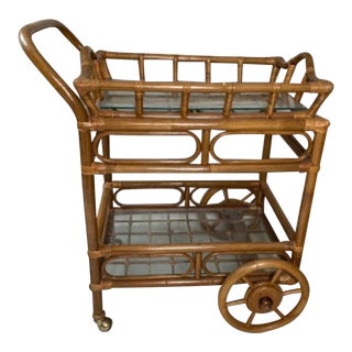 1960s Vintage Faux Bamboo & Rattan Bar Cart For Sale