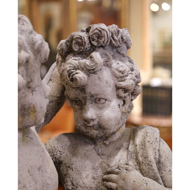 Early 20th Century French Cast Stone Cherub Garden Sculpture on Pedestal For Sale - Image 9 of 14