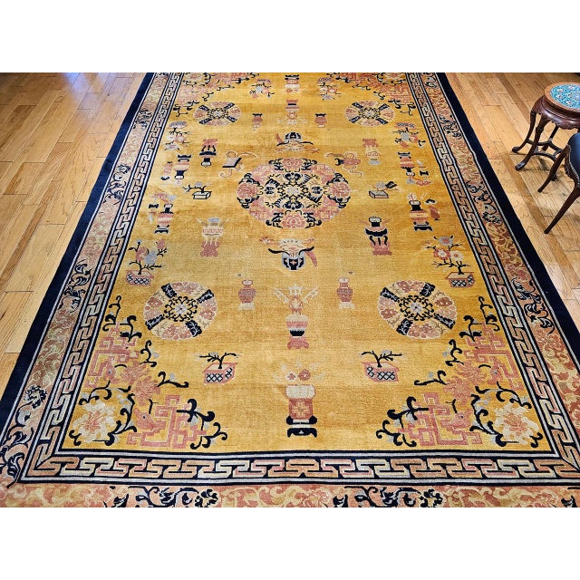 Art Deco Antique Art Deco Chinese Rug, Hand-Knotted Wool, Pastel Yellow & Blue, 10x15 For Sale - Image 3 of 18