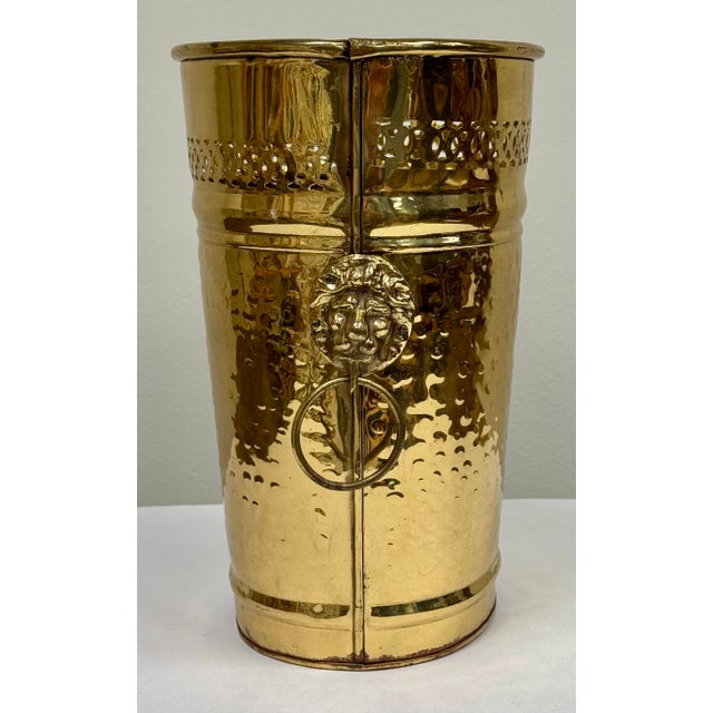 Vintage Hammered Brass Lion Handle Wastebasket or Umbrella Stand For Sale In Kansas City - Image 6 of 9