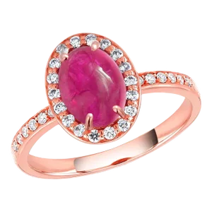 14 Karat Rose Gold Gia Certified No Heat Cabochon Burma Pink Sapphire Halo Diamond Ring Size 6