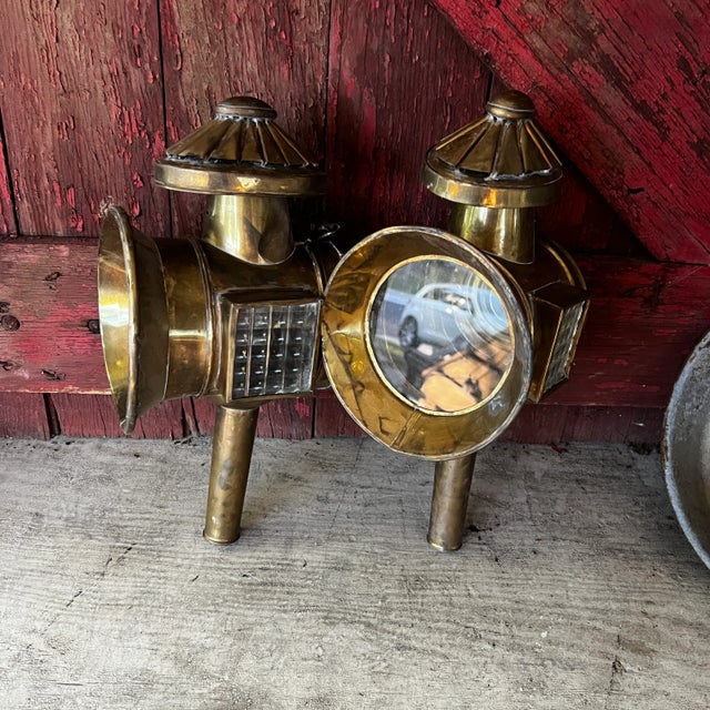 Pair of Antique Brass Carriage Lanterns With Glass Panels & Hinged Doors Vintage Home Decor or Restoration Pieces For Sale - Image 17 of 18