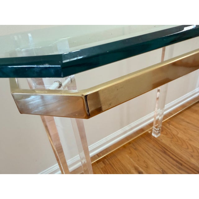 Hollywood Regency Console Table Lucite Pillars Brass Frame in the Manner of Charles Hollis Jones For Sale - Image 10 of 17