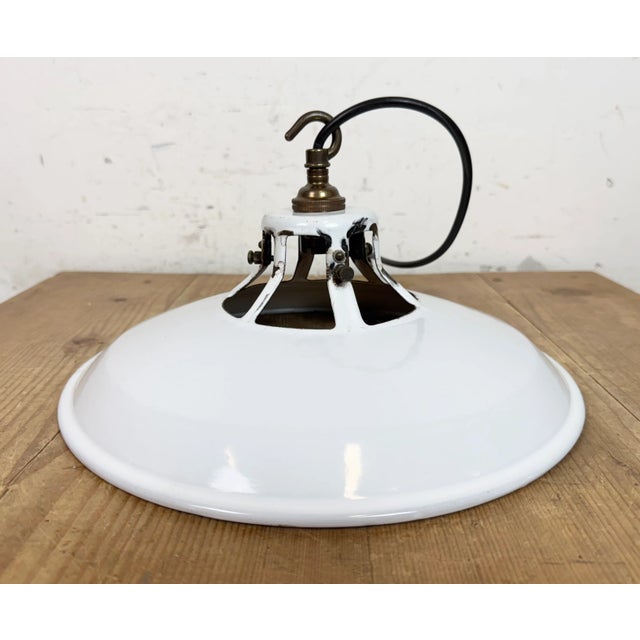 Industrial White Enamel Factory Pendant Lamp, 1960s For Sale - Image 11 of 17