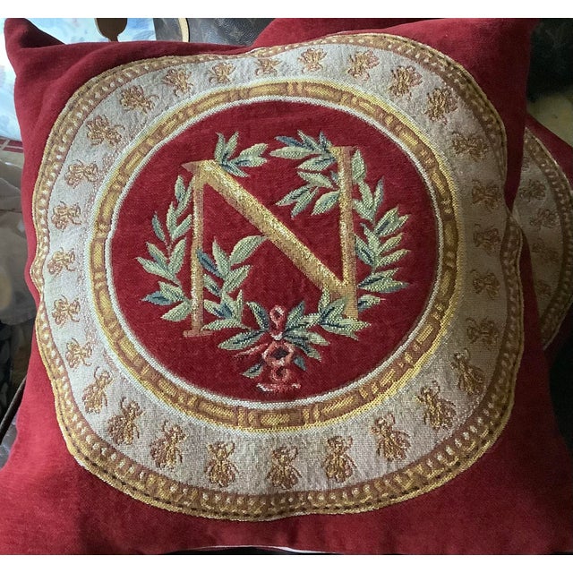 Textile Pair of French Embroidered Napoleon Pillows by Jules Pansu, 17", Monogram N For Sale - Image 7 of 7