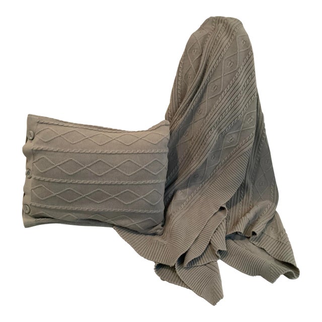 1980s Custom Gray Cable Knit Cotton Throw & Lumbar Pillow Set- 2 Pieces For Sale