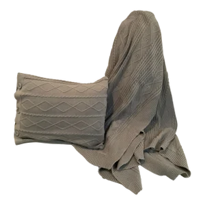 1980s Custom Gray Cable Knit Cotton Throw & Lumbar Pillow Set- 2 Pieces