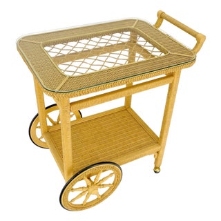 Mint c1960s Mid Century Modern Blond Wicker Serving Table Bar Cart For Sale