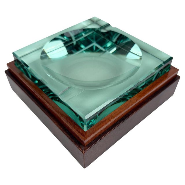 Mid-Century Italian Green Cut Glass and Leather Ashtray in the style of Fontana Arte, 1970s For Sale - Image 16 of 16