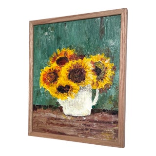 Sunflower Acrylic Painting in Wooden Frame, Original Floral Wall Art, Yellow Flowers Still Life, Small Framed Painting, 9.4 X 11.8 Inches For Sale