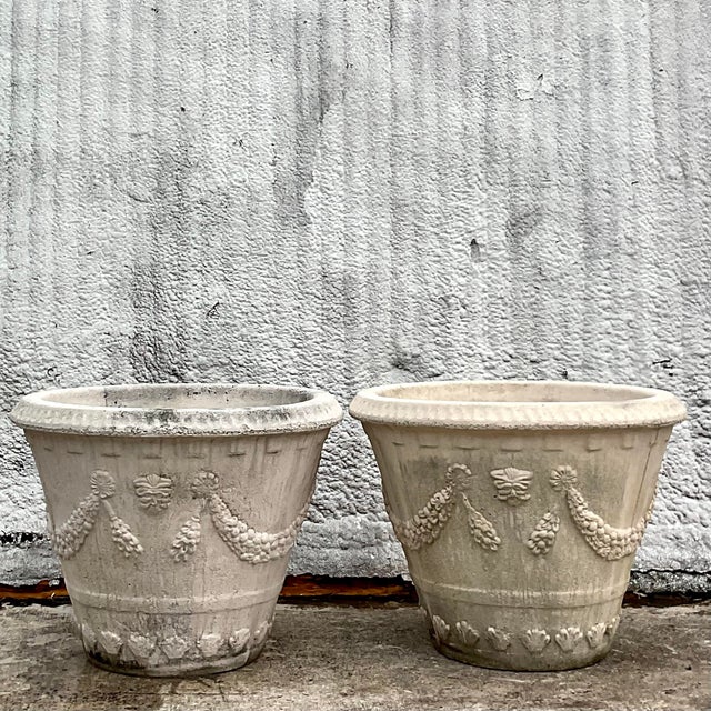 Coastal Vintage Coastal Monumental Swag Cast Concrete Planters - Set of 2 For Sale - Image 3 of 5