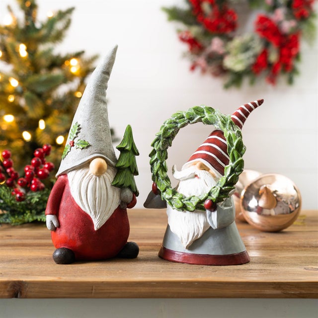 2020s Holiday Gnome Figurine with Pine Tree and Wreath Accent (Set of 2) For Sale - Image 5 of 5