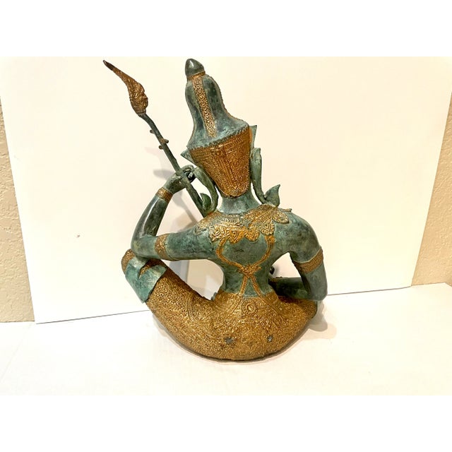 1940s Thai Prince Musician Bronze Sculpture Vintage 1940s Gilded Clothing For Sale - Image 5 of 7