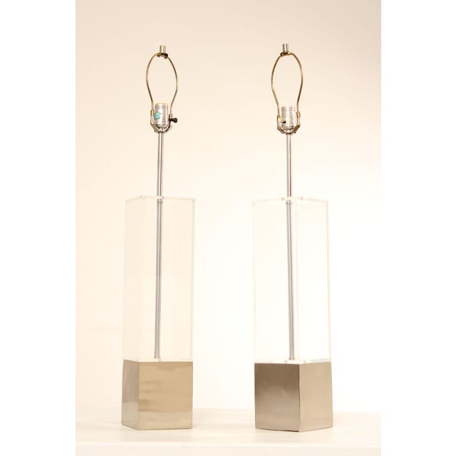 High Quality Vintage Modern Pair of Rectangular Form Acrylic Table Lamps on Chrome Base