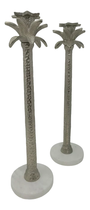 Marble and Silver Color Cast Tall Metal Palm Tree Candle Sticks a Pair