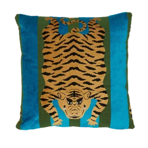 Contemporary Schumacher X Johnson Hartig Jokhang Tiger Velvet Pillow in Peacock & Olive