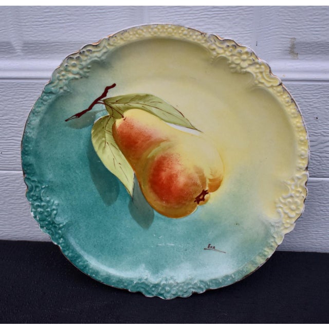 Cerulean Antique Ls and S Limoges France Hand Painted Pear Plate Signed Eva For Sale - Image 8 of 10