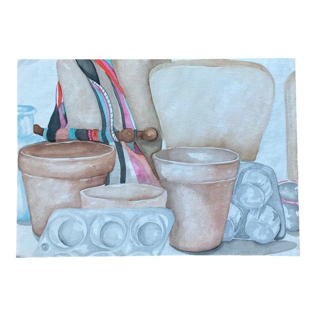 1970’s Original Contemporary Still Life Watercolor Painting With Clay Pots & Muffin Tins For Sale