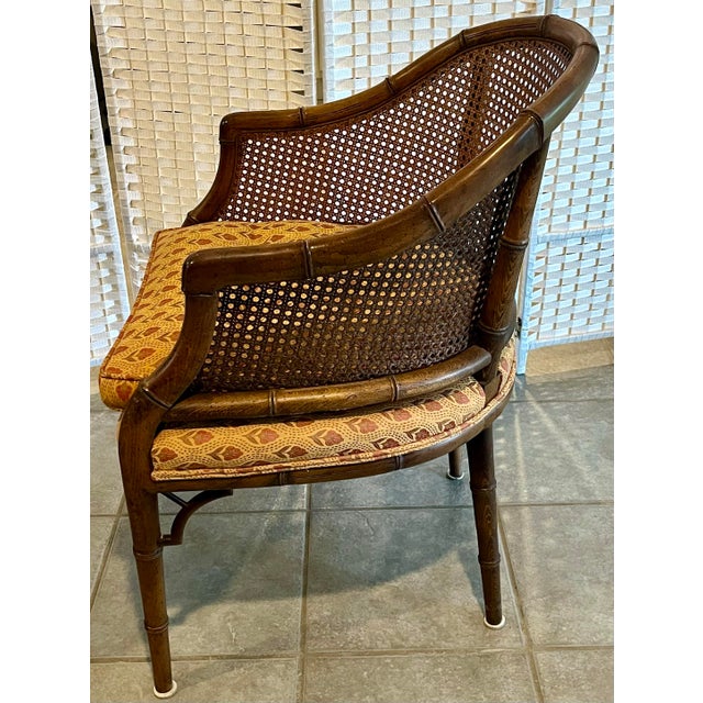 Wood Mid 20th Century Faux Bamboo and Cane Barrel Chairs With Blockprint Upholstery - Set of 4 For Sale - Image 7 of 12